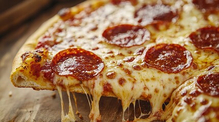 A delicious pizza with melted cheese and pepperoni slices displayed