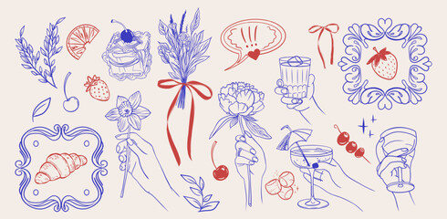 Hand-drawn sketch in crayon whimsical style, featuring food, drinks, and floral elements in red and blue, including a croissant, flowers, fruit, cocktails,  a decorative frame, perfect for lifestyle