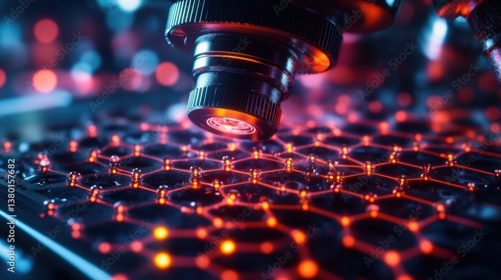 Poster a close-up view of a microscope lens focusing on a hexagonal pattern, illuminated by vibrant lights,