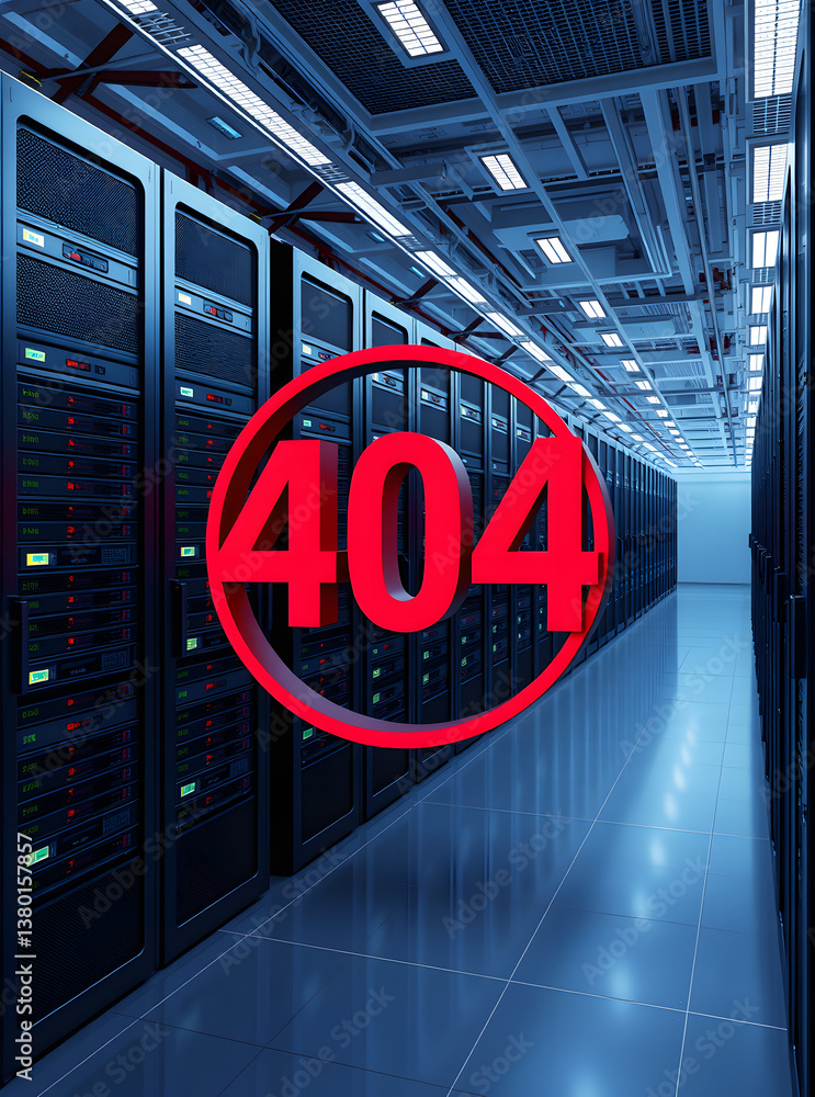 Poster the 404 error message, centered in a server room, suggests a digital system failure.