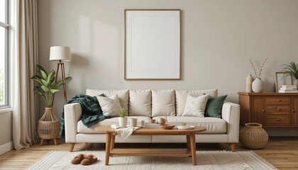 Fototapeta premium Inviting living room with neutral tones, natural light, cozy textiles, wooden accents, and indoor plants create a calming atmosphere.