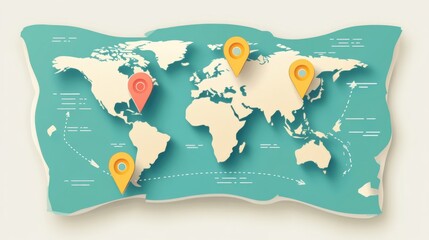 Naklejka premium Visual representation of a flat world map featuring location pins, travel lines, and directional arrows designed for travel planning and exploration