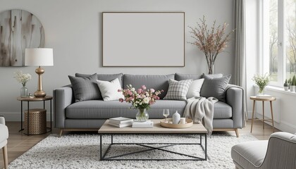 Elegant living room with a comfortable grey sofa, soft lighting, and a large blank canvas perfect for adding personalized art.