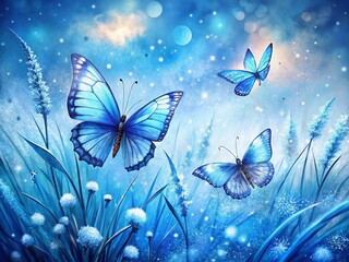 Beautiful Blue Butterflies on Snowy Grass - Winter Spring Banner