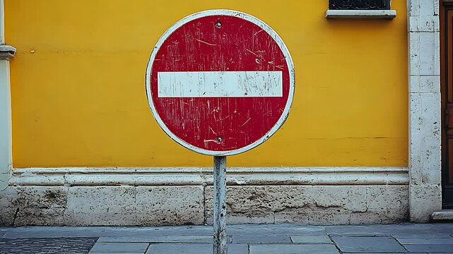 Red and white no-entry road sign against a vibrant yellow wall background.