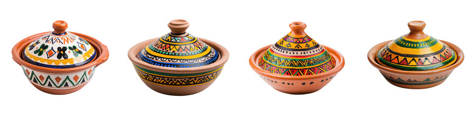 Assortment of handcrafted colorful ceramic vessels and dishes featuring intricate ethnic patterns and designs