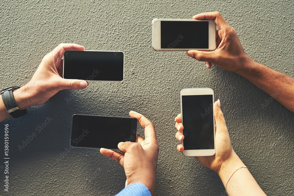 Aufkleber hands, phone and group by wall, screen and mockup space with connection for contact on web in city. 