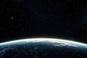 Fototapeta premium A stunning view of Earth from space, showcasing a vibrant atmosphere and a starry backdrop, highlighting the beauty of our planet in the cosmos.