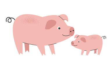 Cute vector pig with piglet. Piglet in hand drawn style. Farm animal, pig, animal, piggy, piglet, mammal, animals, farm