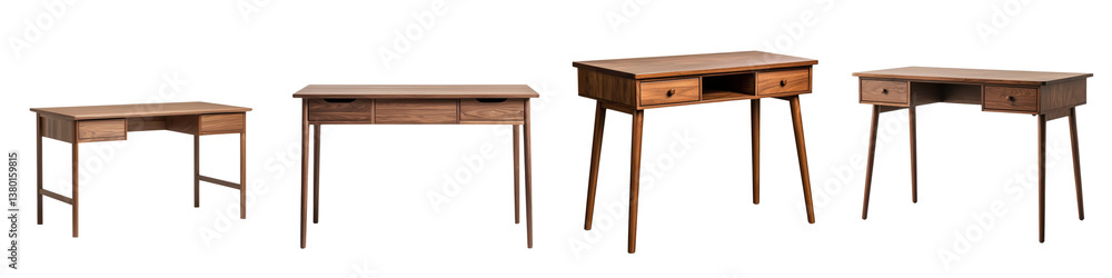 Poster an array of minimalist contemporary wooden desks tables and storage units designed for efficient org