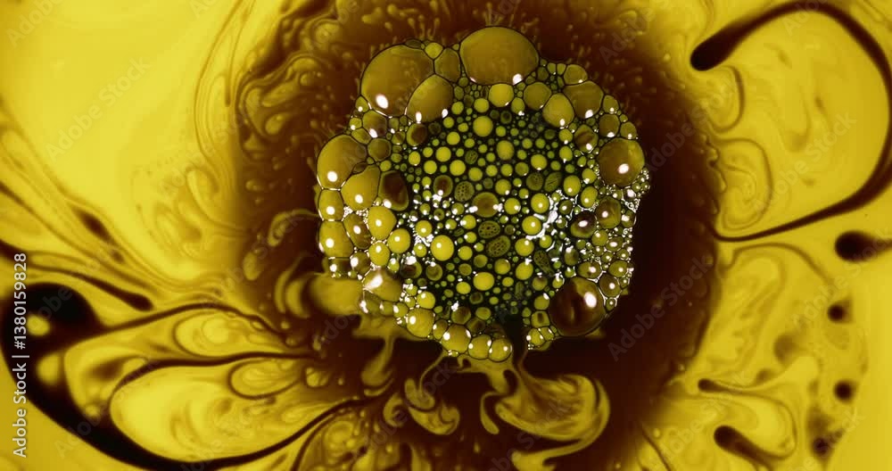 Poster chemical reactions creating vibrant bubbles and mixing rich colors, forming dynamic abstract pattern