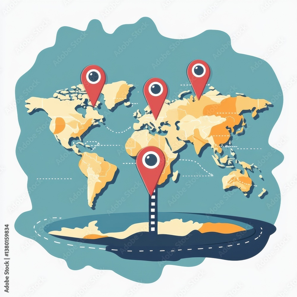Poster world map with location pins and travel indicators showing connecting routes and destinations for pl