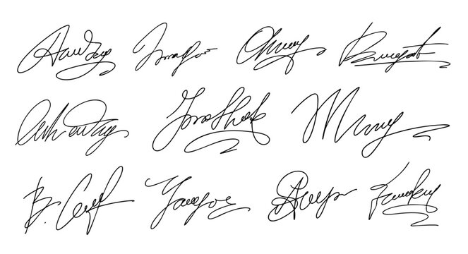 Set of Hand written signature. Different example signatures isolated in white background. Collection of signatures, handwriting, autographs. Vector illustration set of hand drawn name imprint.