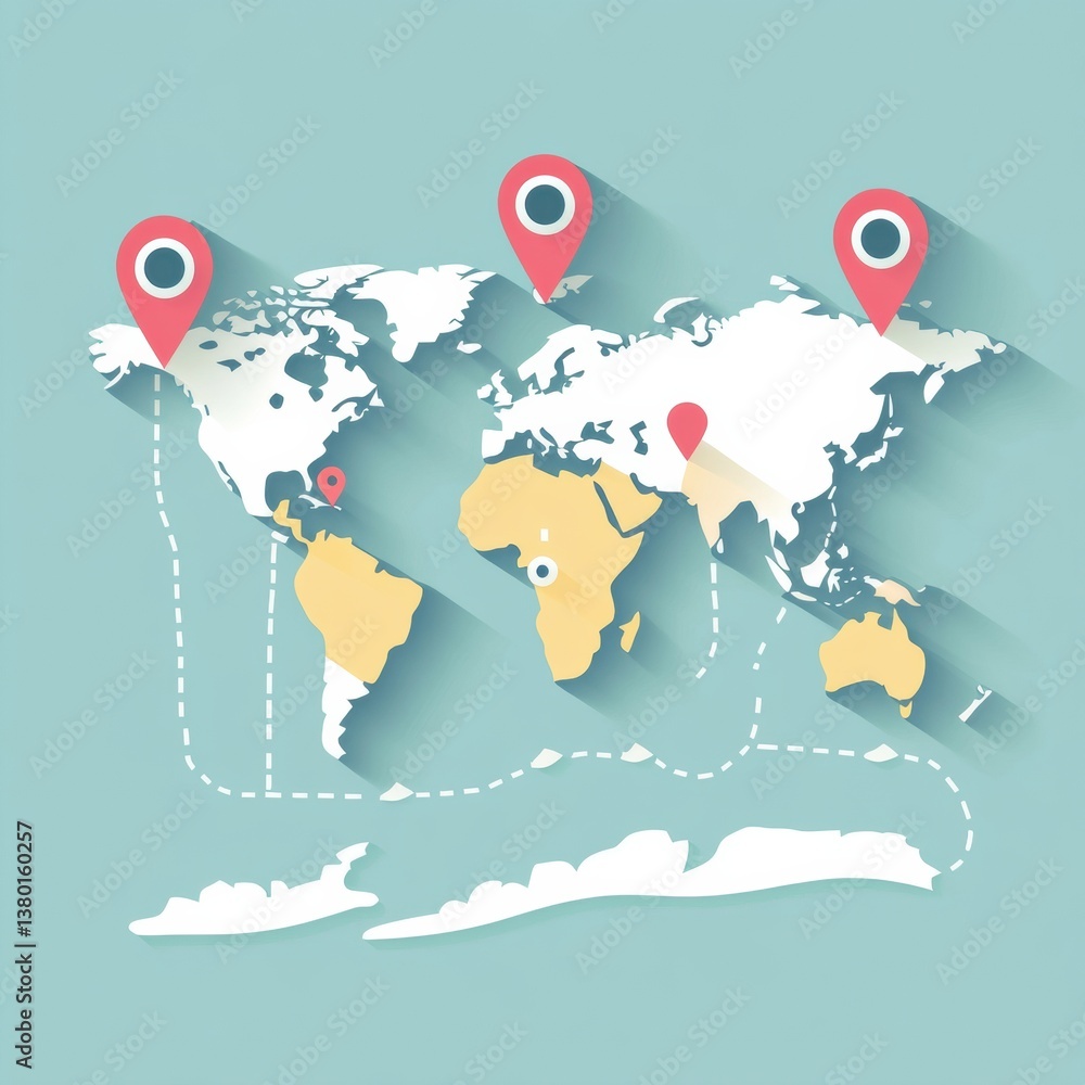 Poster global travel map showing location pins, directional arrows, and travel lines in a clean vector desi