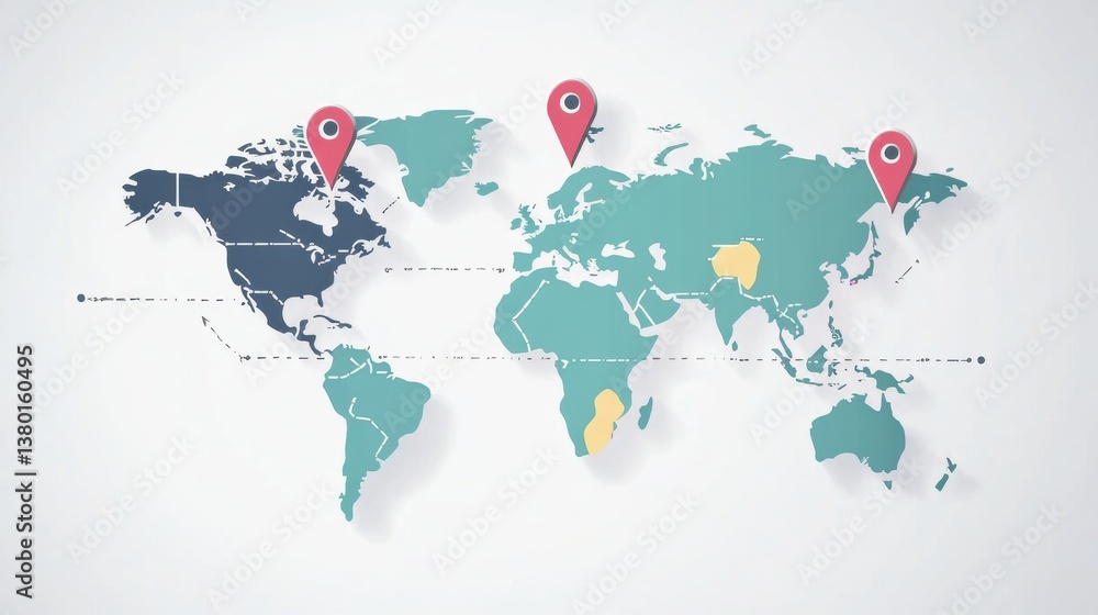 Poster flat world map featuring location pin stickers and travel lines for planning global trips and advent