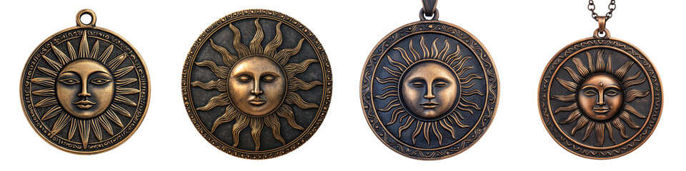 A collection of ornate bronze sun shaped pendants featuring intricate celestial designs often used in jewelry spiritual practices or as decorative accents