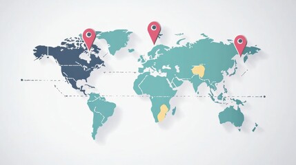 Obraz premium Flat world map featuring location pin stickers and travel lines for planning global trips and adventures