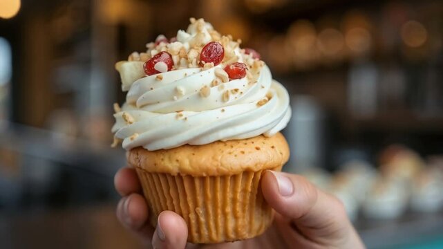 Cupcake vegano con cobertura de crema y frutas sostenido en una mano