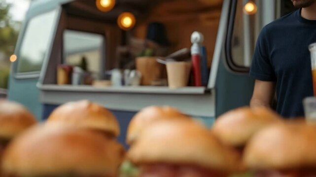 Hamburguesas veganas estilo pollo crujiente servidas frente a food truck