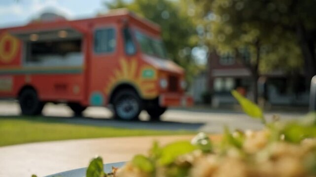 Plato de cusc&uacute;s vegano con vegetales frescos servido frente a food truck colorido