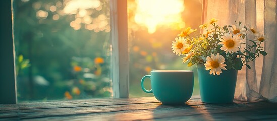 A cozy window scene showing flowers and a warm cup of tea