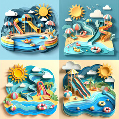 Colorful Paper Art of Water Slides in a Summer Pool Scene  