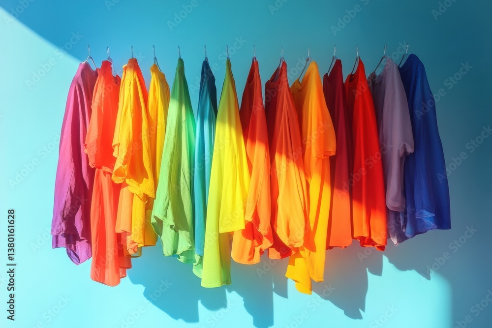 Poster colorful garments float in a rainbow arc against a blue backdrop, creating a surreal and vibrant vis