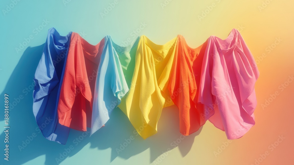 Aufkleber colorful garments floating in a rainbow arc create a surreal display against a soft pastel backgroun