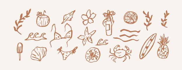 Hand drawn retro coastal summer vacation elements