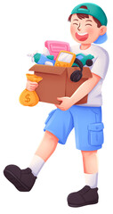 Boy Managing Finances by Selling Unused Items Illustration