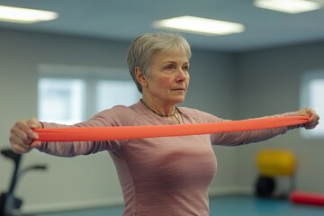 senior care exercise physical therapy exercising help assistence retirement home physiotherapy physiotherapist fitness gym strech band clinic therapist elderly woman band, Generative AI