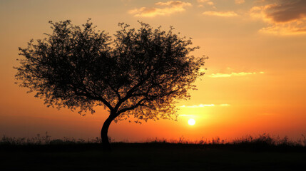 Heart Silhouette Tree at Sunset, Romantic Embrace of Love and Nature's Warmth