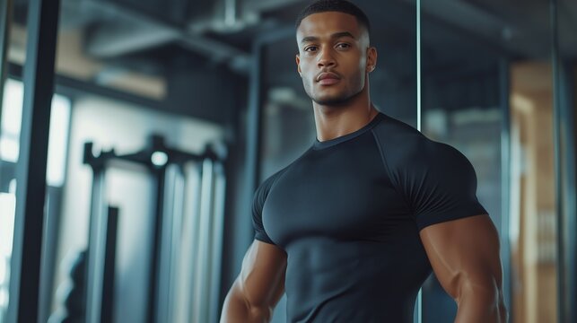 Fit African-American male posing confidently in modern gym wearing compression shirt for activewear campaigns, personal fitness branding, and male empowerment visuals in blue and gray tones - Powered by Adobe