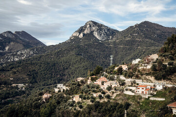 View of the mountains above Menton, on the France-Italy border, with the local southern nature in January