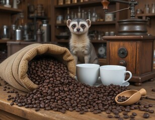 A rustic coffee shop scene with old brown burlap sacks overflowing with freshly picked coffee beans, a small civet, a vintage coffee grinder, and the concept of civet coffee.