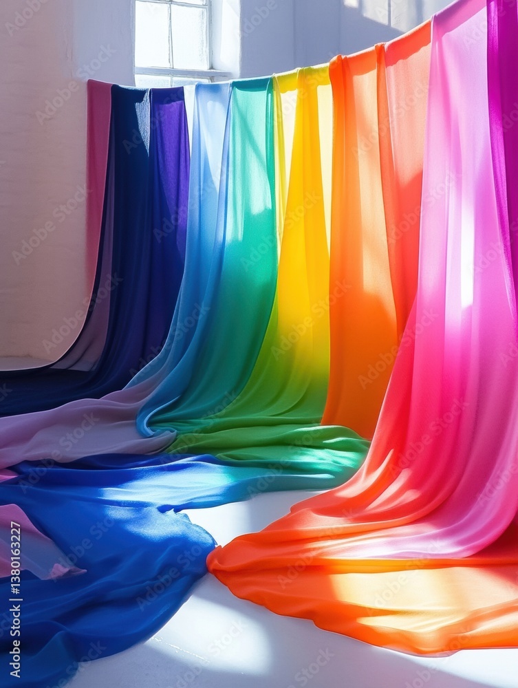 Aufkleber floating colorful garments arranged in a vibrant rainbow arc creating a surreal atmosphere in a soft