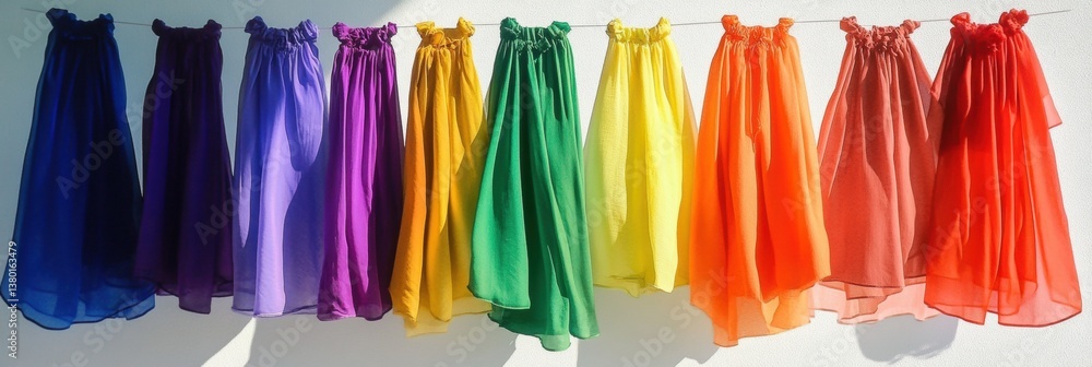 Poster colorful garments floating in a rainbow arc, casting soft shadows in a surreal and vibrant display