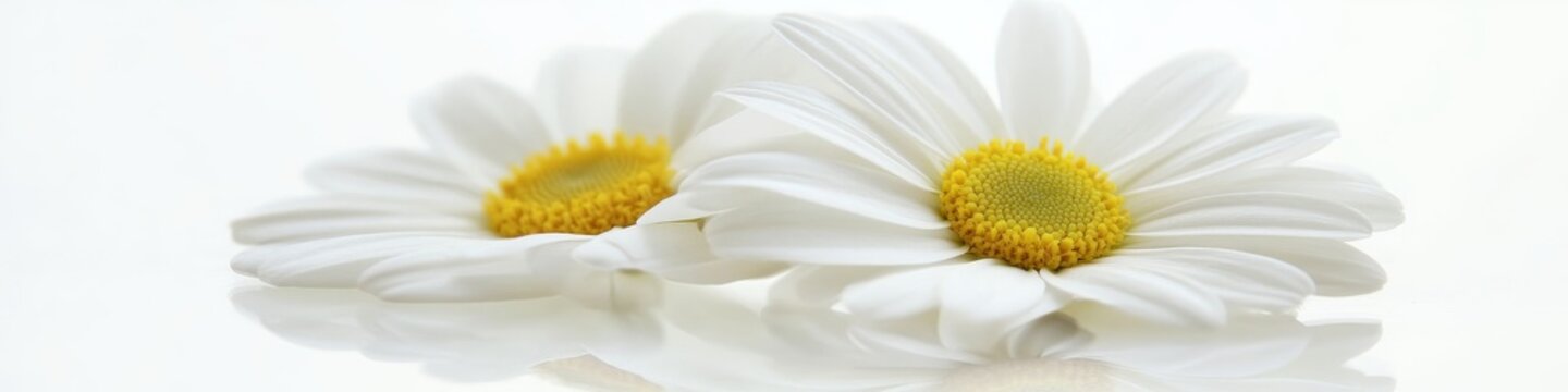 Two White Daisies, With Yellow Center, Rest Together In Frot On Reflective Surface With Copy Space