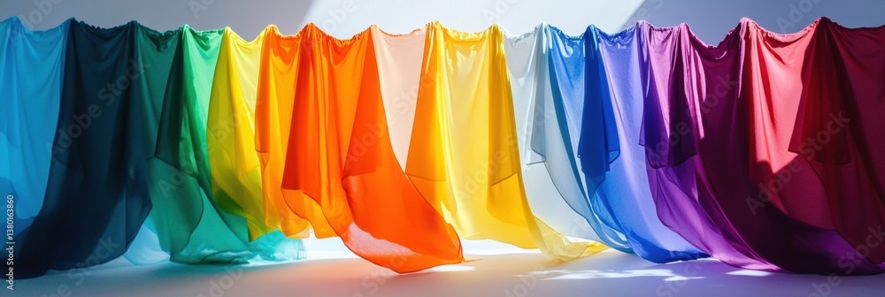 Aufkleber floating colorful garments create a vibrant rainbow arc with soft shadows in a surreal display