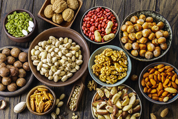 Nuts arranged artistically on wooden surface