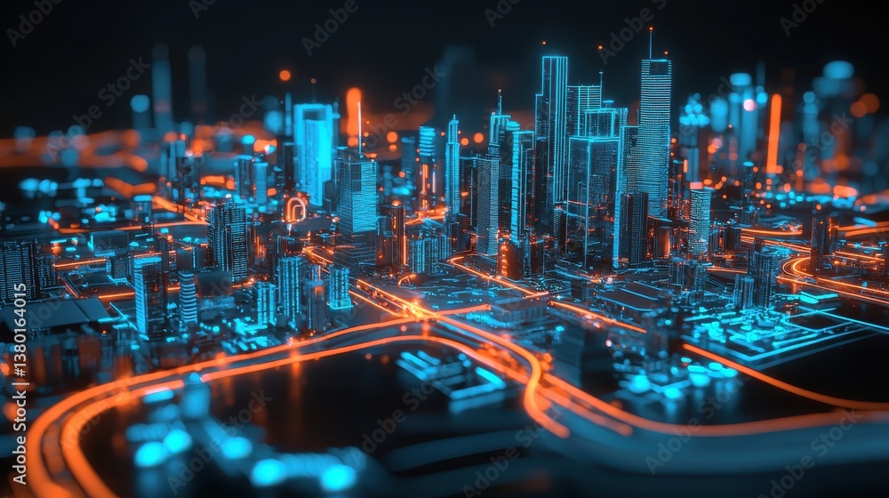 Poster a visually striking cityscape showcasing the futuristic and dynamic architecture of a thriving techn