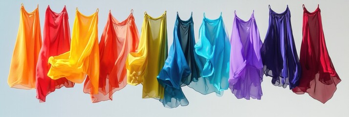 Floating colorful garments arranged in a rainbow arc against a light background create a surreal and vibrant visual experience with soft shadows