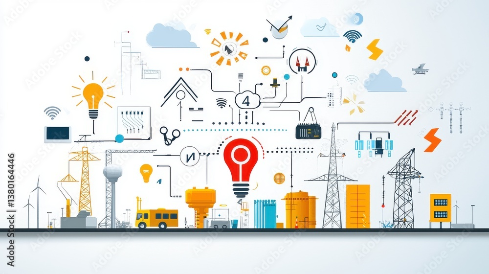 Poster depicting various elements of energy infrastructure including renewable sources like solar and wind 