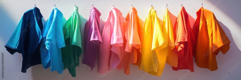 Aufkleber colorful garments arranged in a rainbow arc create a vibrant and surreal display with soft shadows c