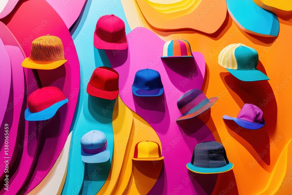 Aufkleber colorful hats and caps suspended above a dynamic abstract background with vibrant shades and intrigu