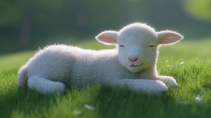 Obraz premium Smiling baby lamb lying in grass under soft morning light