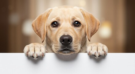 Cute puppy peeking over a blank sign.