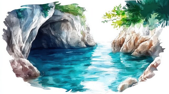 This serene watercolor illustration captures a peaceful shoreline, with clear waters and rocky formations, ideal for evoking calmness and appreciation for nature's beauty.