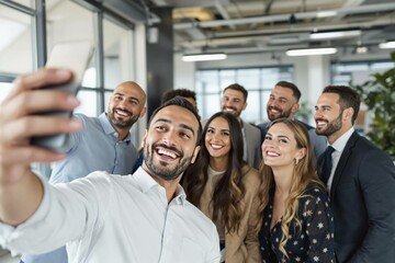 Selfie et groupe de personnes d’affaires au bureau prenant des photos pour les réseaux sociaux. Portrait de diversité, collaboration et amis heureux, hommes et femmes riant et prenant une photo