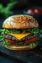 Classic cheeseburger with fresh vegetables and sesame seed bun